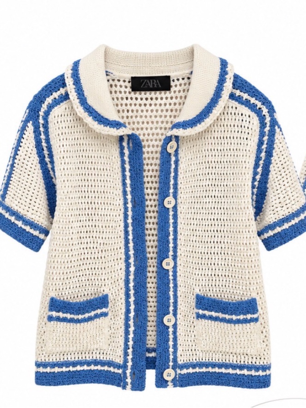 Zara Cream & Blue Crochet Button-Front Jacket
